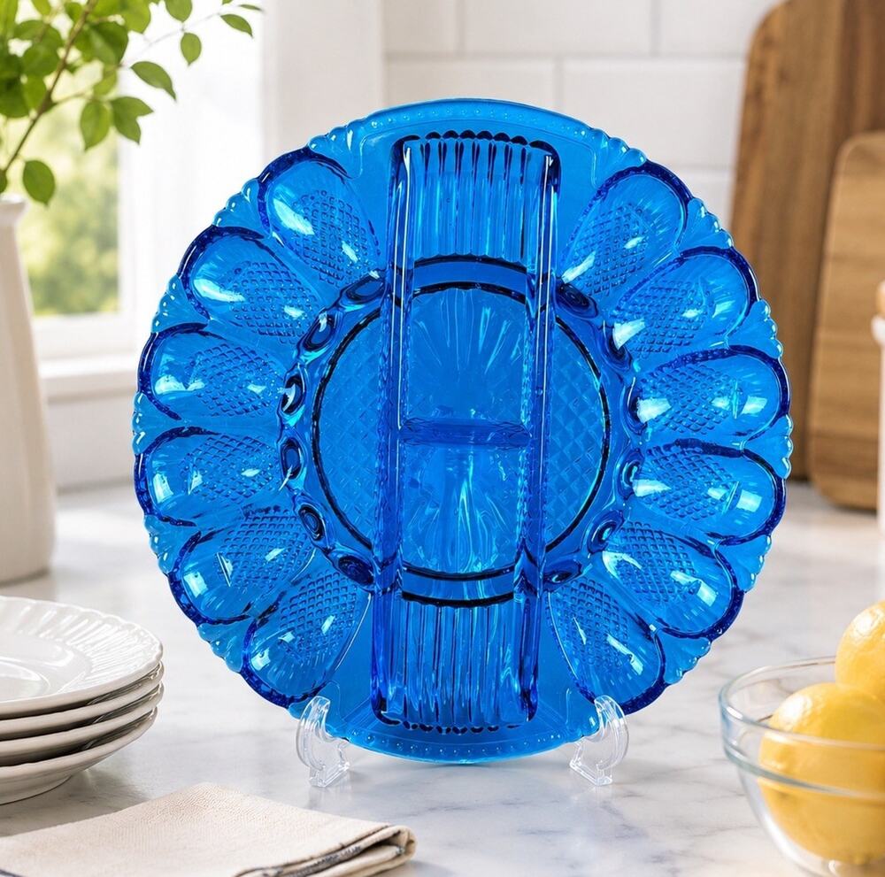 RARE L.E. Smith Aqua Blue Glass Heritage Deviled Eggs & Relish Platter 11” READ!
